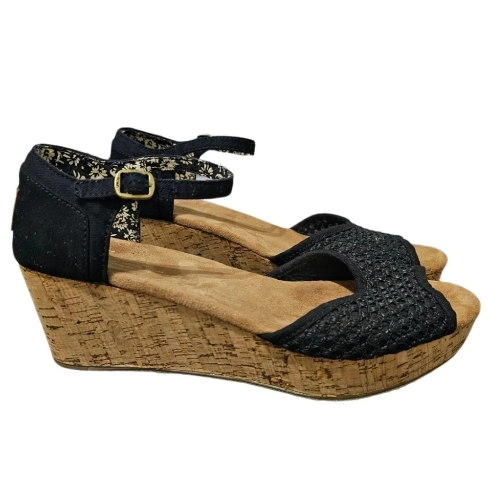 Toms Black Buckle Open Toe Cork Wedges